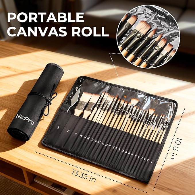 Nicpro 26pcs Paint Brush Set, Professional Paintbrushes with Palette Knife and Cloth Roll, Artist Paint Brushes for Acrylic Painting, Oil, Watercolor & Gouache, Adults Art Painting Tools Supplies