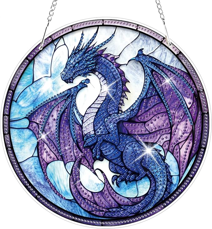 HEIBAGO Dragon Hanging Diamond Art Kits for Adults, Special Shaped Crystal Diamond Painting Ornament Kit, Stained Glass DIY Double-Sided Pattern Gem Art Kit for Home Wall Decor 8.3x8.3inch