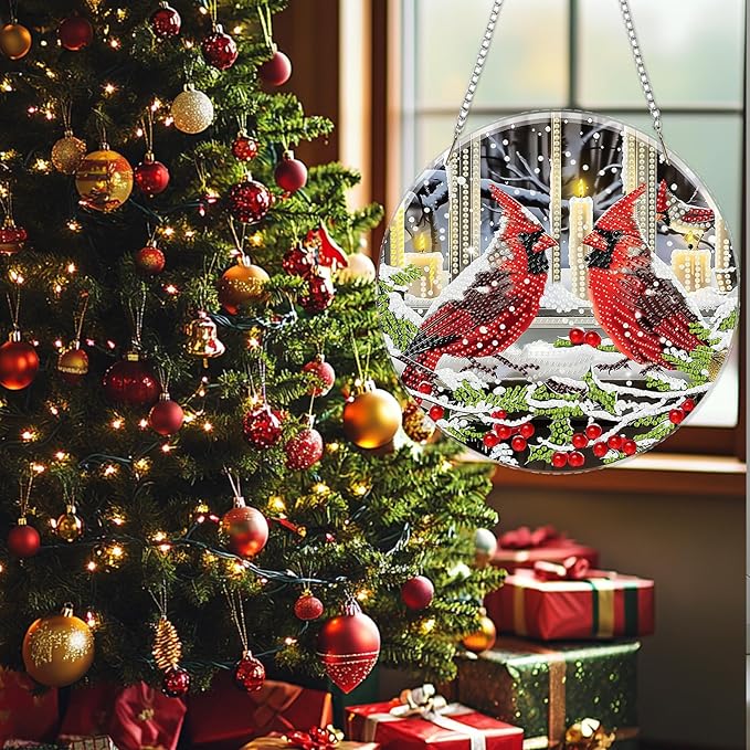 SENQAO Christmas Diamond Art Hanging Kits for Adults, Cardinal Diamond Art Suncatchers, 5D Special Shape Diamond Painting Pendant Window Ornament Gifts for Home Door Wall Decor