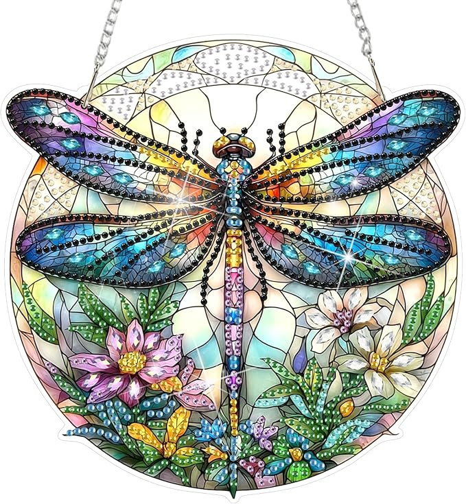 DOMROM Flowers Dragonfly Diamond Art Hanging Kit for Adult, Special Shaped Rhinestone, 5D Diamond Art Painting Window Pendants, Home Wall Art Hanging Kits, Double Sided Hanging Ornament 5.1x7.6in