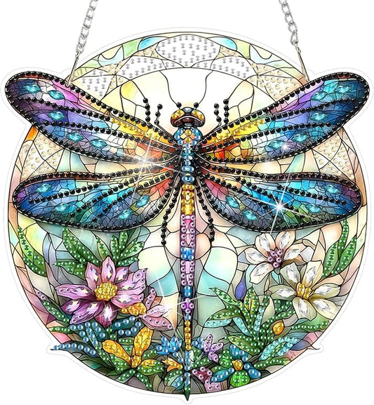 DOMROM Flowers Dragonfly Diamond Art Hanging Kit for Adult, Special Shaped Rhinestone, 5D Diamond Art Painting Window Pendants, Home Wall Art Hanging Kits, Double Sided Hanging Ornament 5.1x7.6in