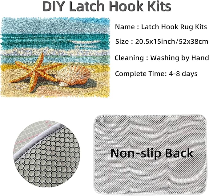 DIY Rug Latch Hook Kits Seaside Beach Starfish and Shells Stamped Non-Slip Mat Crochet Yarn Hook and Latch Emboridery Tapestry for Home Floor Decoration Pet Warm Cushion 52x38cm(3)