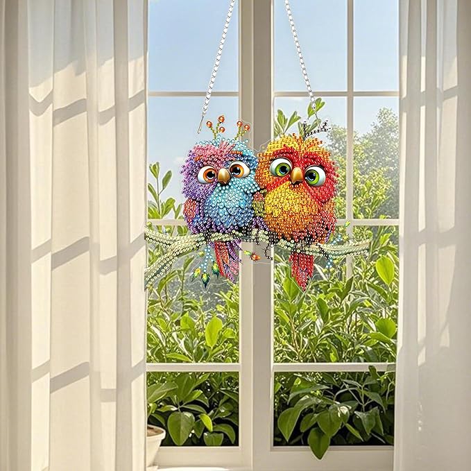 TOSTOG Exquisite Birds Diamond Art Pendant Kits for Adult, Cute Diamond Painting Hanging Kit for Beginners, 5D DIY Crafts Gem Art, Waterproof Full Accessories for Home Decor Idea 20 * 20 cm/8 * 8 in