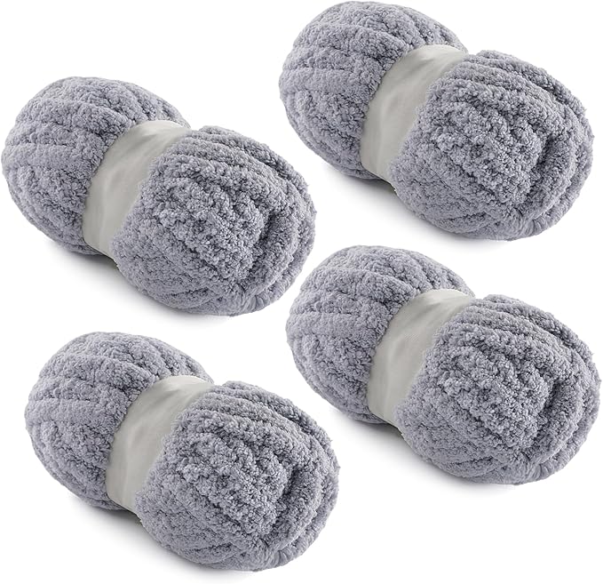 4 Pack Chunky Yarn for Hand Knitting - Chunky Chenille Blanket Yarn for Crocheting - Jumbo Fluffy Yarn for Crochet - Super Bulky Yarn 25 yds 7.7 oz Each Skein (Light Gray)