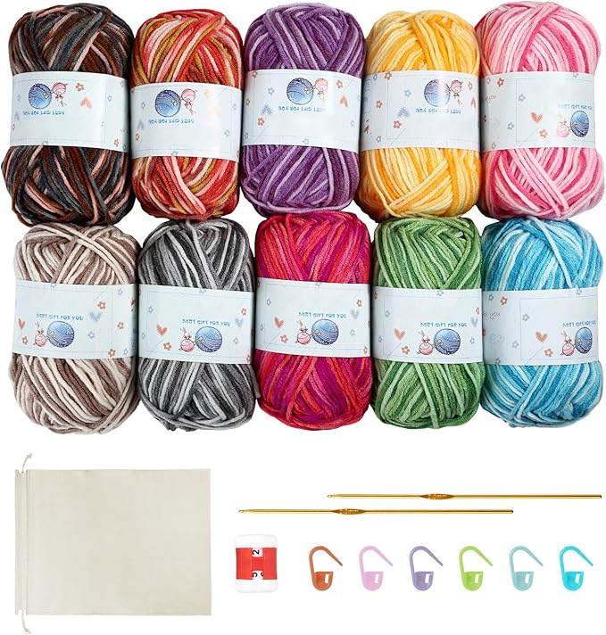 Yinsun 10x50g Multi Color Acrylic Yarn 50g 1750 Yards Crochet Yarn Starter kit with Storage Bag for Knitting Crocheting Weaving Adult and Kid Craft Projects