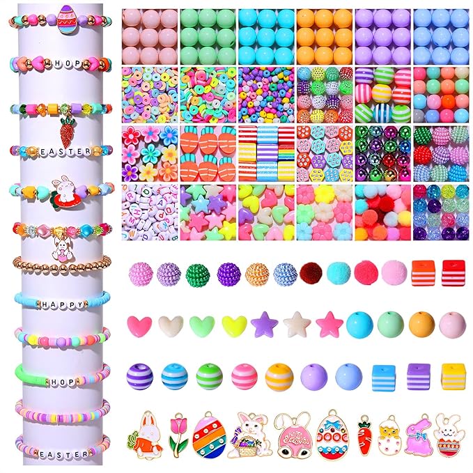 CEALXHENY 1250PCS Easter Beads Colorful Polymer Clay Beads for Jewelry Making, Crystal Acrylic Bead Enamel Easter Bunny Egg Charms for Bracelet Necklace Making DIY Crafts (1250PCS Easter Beads)
