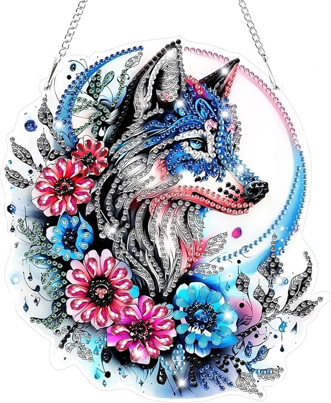 Bowetile Wolf Diamond Art Hanging Kits for Adults, 5D Special Shape Diamond Painting Flowers Pendant Kits, Gem Art Suncatchers Painting Window Ornament for Home Garden Wall Decor
