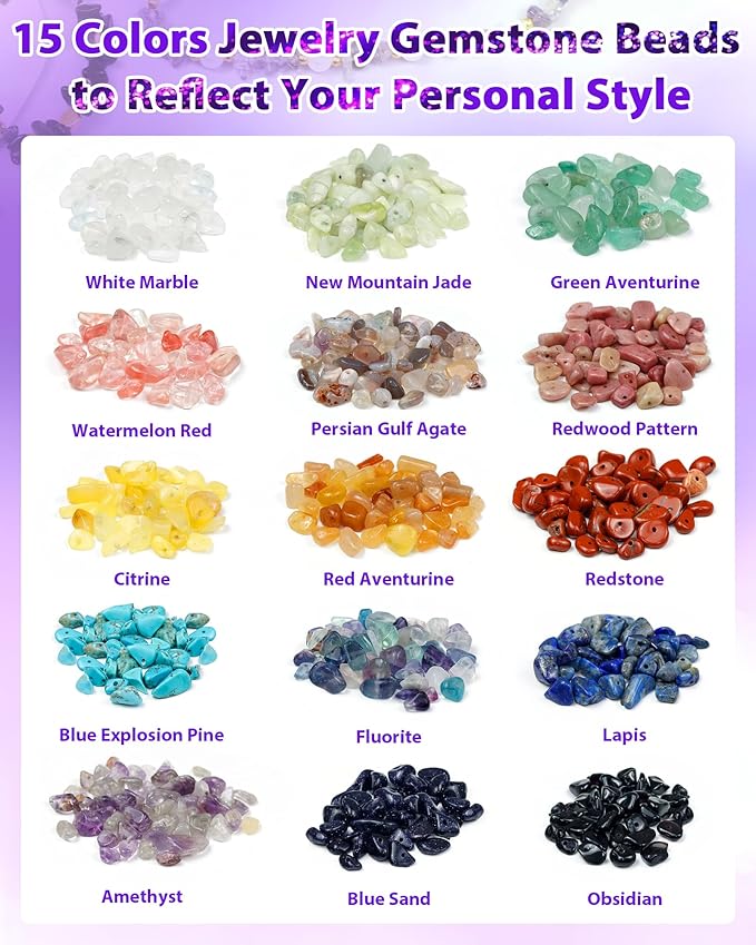 FIVEIZERO 600pcs Natural Chip Stone Beads 5-8mm - 15 Color Crystal Chip Beads for Jewelry Making, Valentine's Day Bracelet,DIY Irregular Gemstone Beads with Drilled Holes