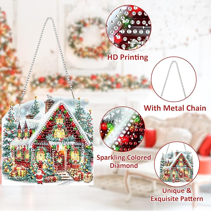 SENQAO Christmas Diamond Art Hanging Kits for Adults, Christmas Tree House Diamond Art Suncatchers, 5D Special Shape Diamond Painting Pendant Window Ornament Gifts for Home Door Wall Decor