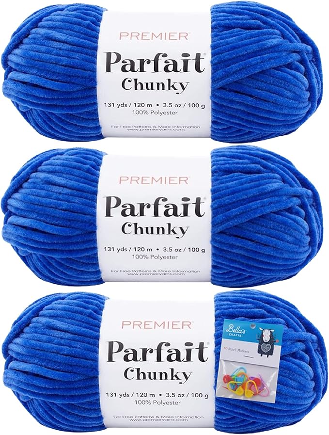 Premier Yarns Parfait Chunky Chenille Yarn 3.5 Oz 6 Super Bulky Weight 3 Pack Bundle with Bella's Place Holders (Classic Blue)
