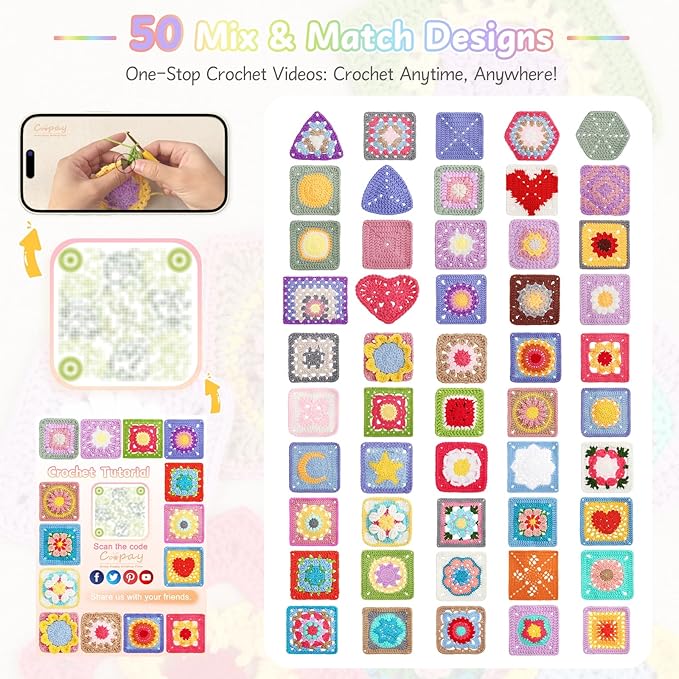 Coopay Crochet Kit for Beginners, Granny Square Crochet Kit with 2 Crochets Book & Video Card, Crochets Starter Kit for Adults Learn to Knitting, Granny Square Card Deck - 50 Mix & Match Designs