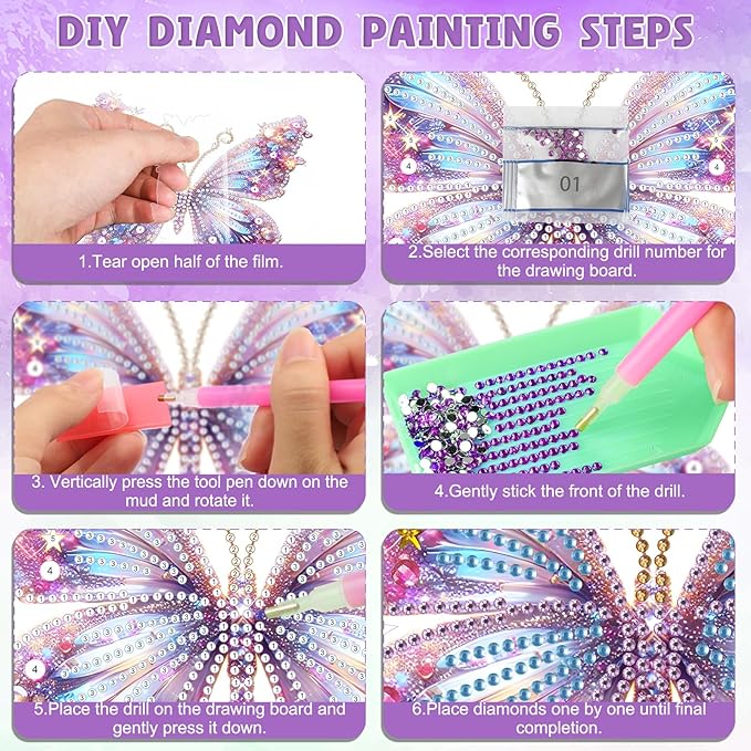 DOMROM Butterfly Diamond Art Hanging Kit for Adult, Special Shaped Rhinestone, DIY Acrylic 5D Diamond Art Painting Window Pendants, Home Wall Art Hanging Kits, Double Sided Hanging Ornament 7.7x7.3in