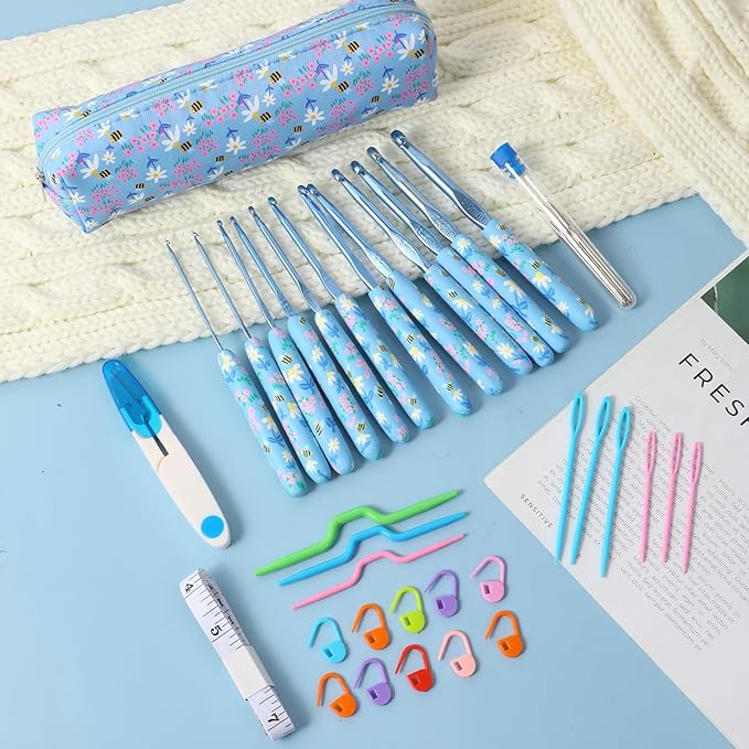 Looen Crochet Hooks Set, 12 Sizes 2.0mm(B)-8.0mm(N) Ergonomic Handle for Arthritic Hands, Soft Rubber Grip Knitting Needles Kit for Crochet Beginners, Knitting Enthusiasts (Sky Blue)