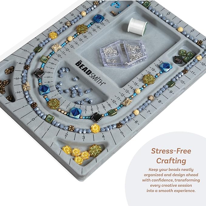 The Beadsmith Bead Board with Cover, Grey Flocked, 3 U-Shaped Channels, 6 Recessed Compartments,13.25H x 9.75L inches, Design Boards for Creating Bracelets, Necklaces and Other Jewelry