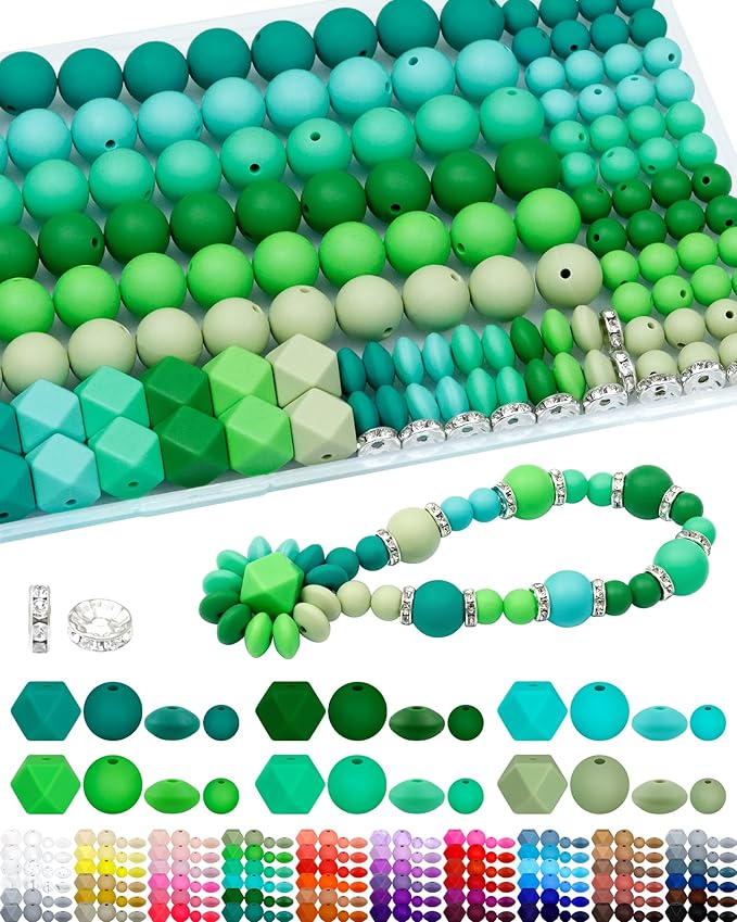 172PCS FIVEIZERO Silicone Beads for Keychain Making, 6 Mixed Colors Silicone Focal Beads Kit, 9mm & 15mm Round Lentil Hexagon Bead & Rhinestone Spacer Bead for Jewelry Making & Bracelets (Green)