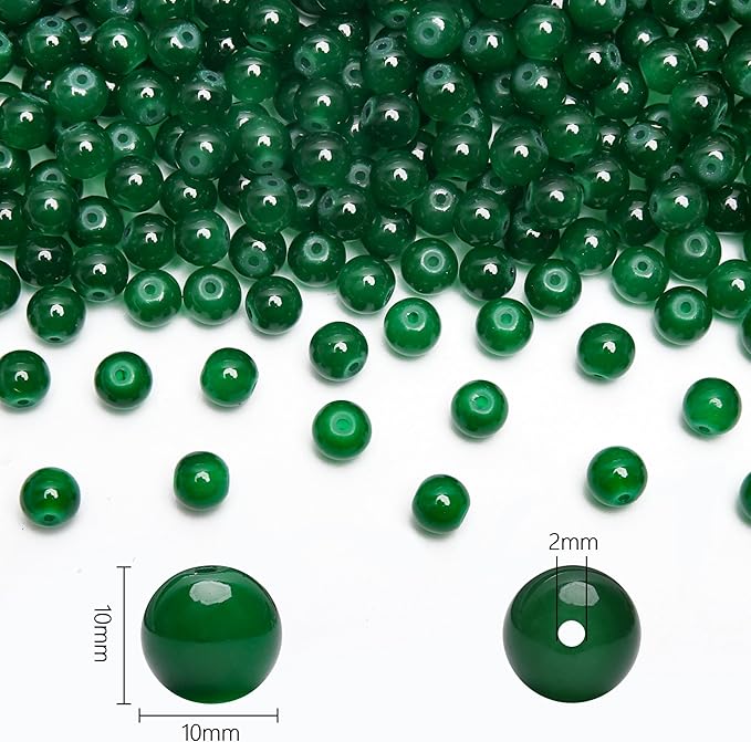 80PCs 10mm Deep Green Jade Glass Beads Bulk, Round Smooth Hole Glass Crystal Beads for Jewelry Making, DIY Bracelets, Necklaces, Bag Charms, Keychains and Craft Projects