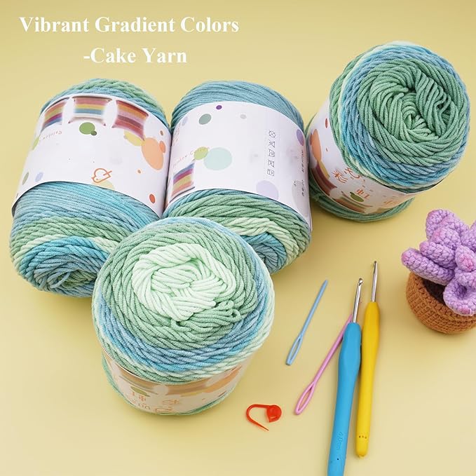 Ombre Cake Yarn for Crocheting 4PCS Gradient Yarn Cake-4x100g 45% Cotton 55% Acrylic Rainbow Cotton Yarn for Knitting,Shawls,Blankets,Scarves,Garments(Green)
