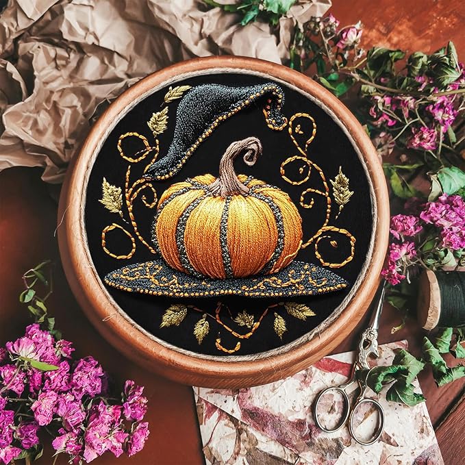 FONNUY Pumpkin Embroidery Kit for Beginners, Pre-Stamped Pattern Kits for Adults with Hoop, Easy to Follow Color Thread Needlework, 8'' Hoop (Witch Hat 2)