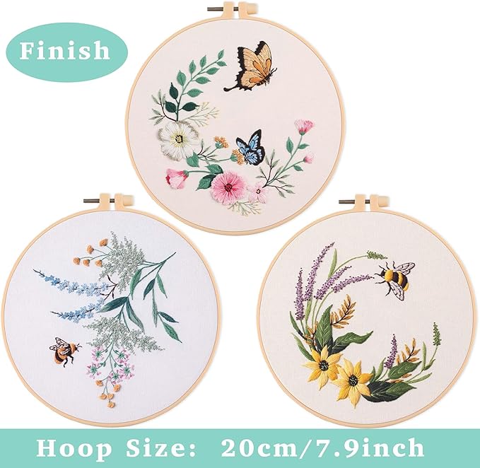 reewisly 3ps embroidery starter kit patterns, diy adult cross stitch kits beginner, including 3 plastic embroidery rings, 1 scissors, colored threads,needles and instructions