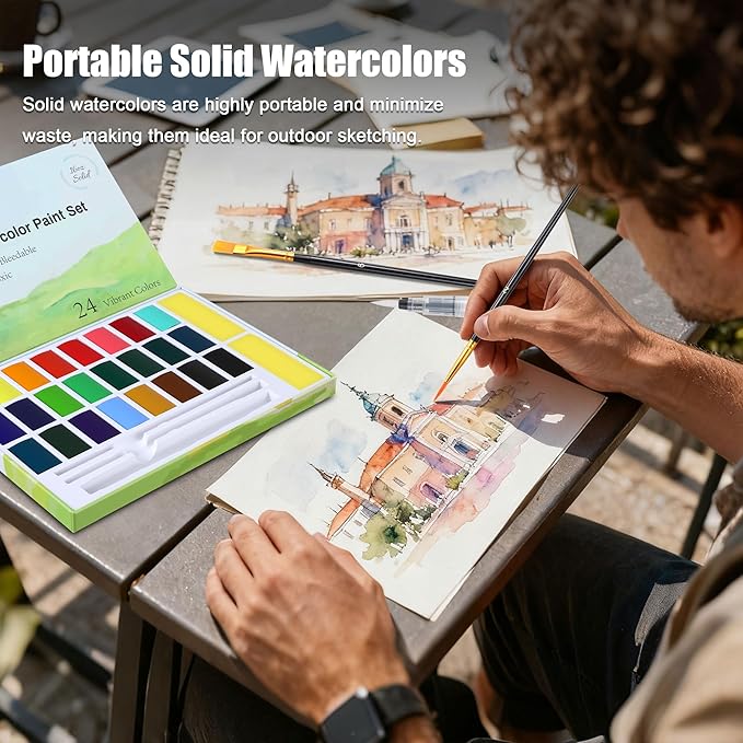 24 Colors Large Block Watercolor Paint Set for Watercolors Workbook, Portable Water Colors Paint Kit with 2 Paintbrushes 1 Waterbrush, for Adult Painting Beginners & Professional Amateur Hobbyists (Classic 24 Colors)