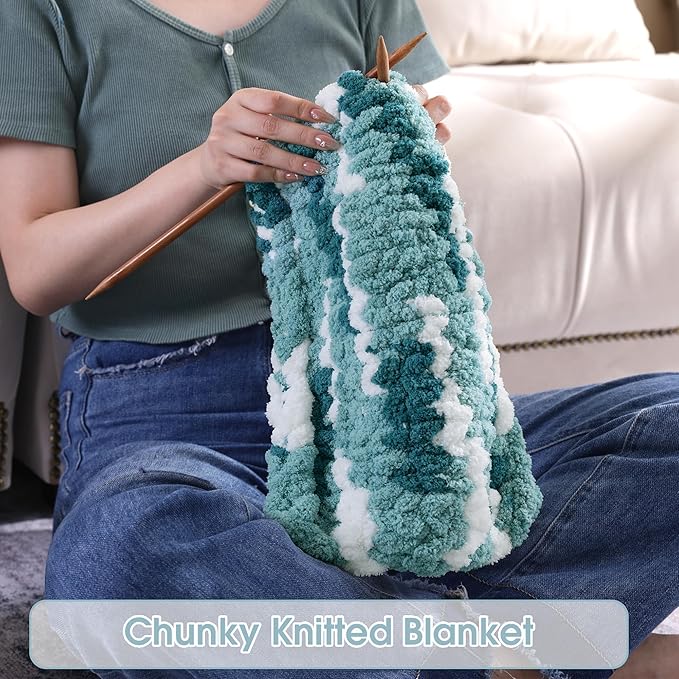 HOMBYS Chunky Tie Dye Mix Chenille Yarn for Hand Knitting, Super Bulky Jumbo Yarn for Crocheting, 3/4" Thick Soft Plush Yarn for Blankets, 8 Skein Pack (26 yds / 7.5 oz Each) Blue Multi,White