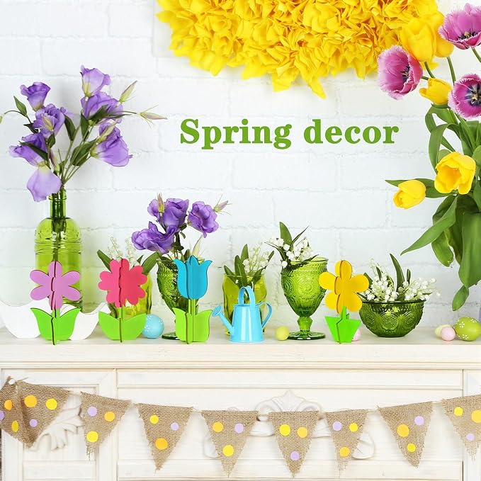 Blosssound 48 Pcs Spring Crafts Set 36 Pcs 3D Wooden Flower Cutouts Wood Unfinished Tulip Slices to Paint with 12 Colored Markers for DIY Mother's Spring Crafts Handmade Table Tiered Tray Decor