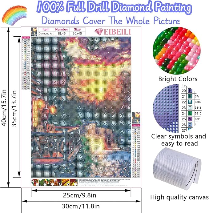 EIBEILI Diamond Art Kits for Adults, Wooden House Sunset Diamond Painting Kits for Beginner Round 5D Full Drill Diamond Dots Crafts for Home Wall Decor Gifts 12x16 Inch