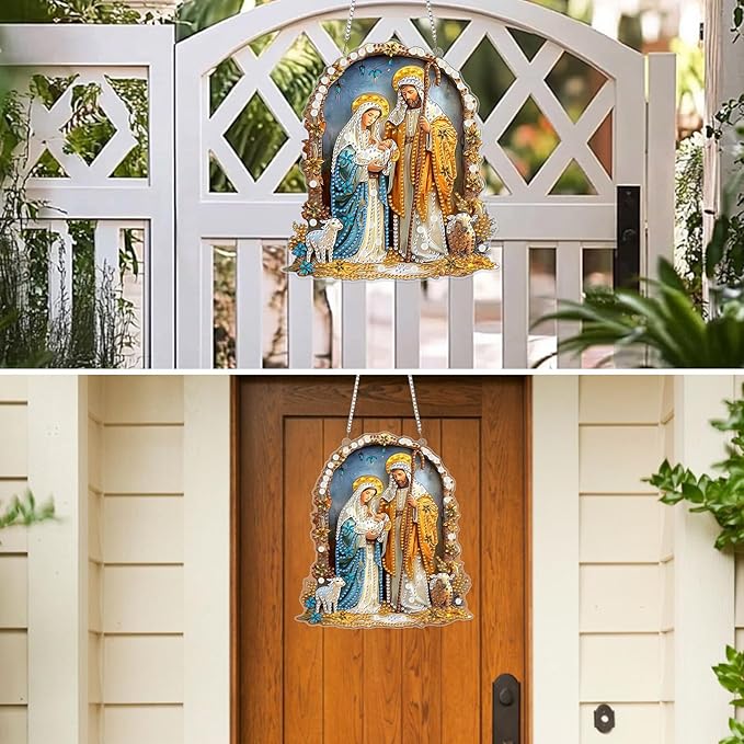 MXJSUA Diamond Art Hanging Kits for Adults Beginners, DIY Acrylic 5D Special Shaped Crystal Diamond Gem Art Painting Hanging Ornament for Home Wall Decor and Gift Nativity Jesus