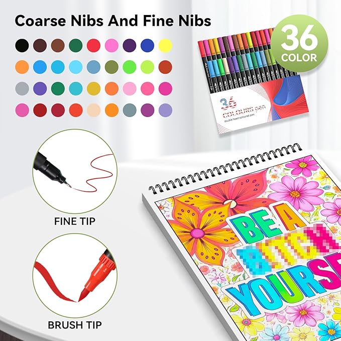 HUECLOR 300GSM Thickness Swear Word Adult Coloring Book for Women Relaxation with 36 Markers and 40 Spiritual Patterns Spiral Bound Calming Color Books No Bleeding for Female Male Teen Stress Relief