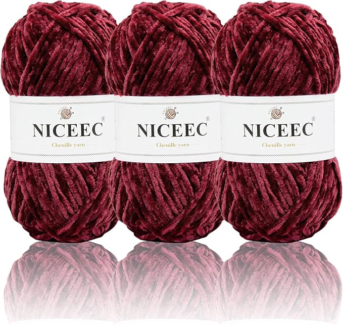 NICEEC 3 Skeins Soft Chenille Yarn Blanket Yarn for Knitting Fancy Yarn for Crochet Weaving DIY Craft Total Length 3×85m (3×93yds, 3×50g)_Sauce Red