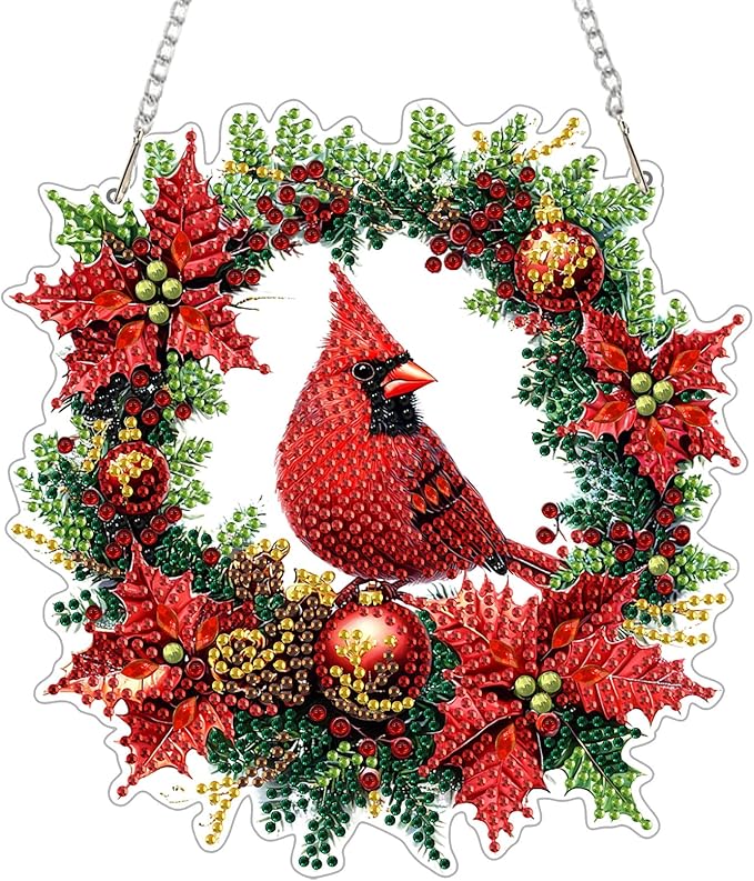 Genius maker Christmas Cardinal Diamond Art Hanging Kits for Adults, Diamond Painting Pendant Kits, DIY Acrylic 5D Special Shaped Crystal Diamonds Gem Art Painting Ornament for Home Wall Decor Gift