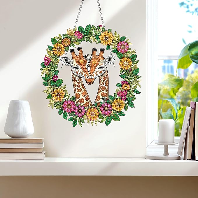 Wergund 5D DIY Giraffe Diamond Art Hanging Kits, Hanging Diamond Art Animal, Acrylic Special Shaped Rhinestone, Window Hanging Pendants for Home Wall Garden Front Door Outdoor Decor Gift(Giraffe)