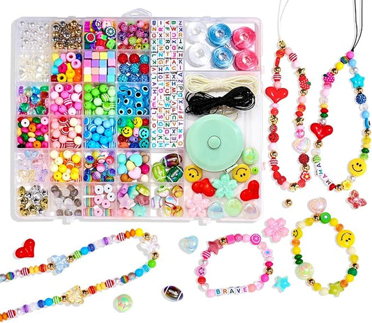 minimissmianyc 657pcs phone charm kit for girls，acrylic colorful face star flower letter alphabet pony beads necklace diy supplies crafts accessoriess bracelet jewerly making kit for kids boys women