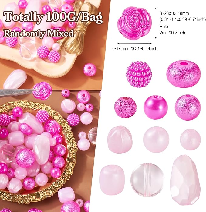 FASHEWELRY 1 Bag Rose Red Acrylic Beads Assorted Cute Round Beads Bulk Kawaii Aesthetic Beads Rose Flower Beads for Bracelets Necklace Key Chains Jewelry Making