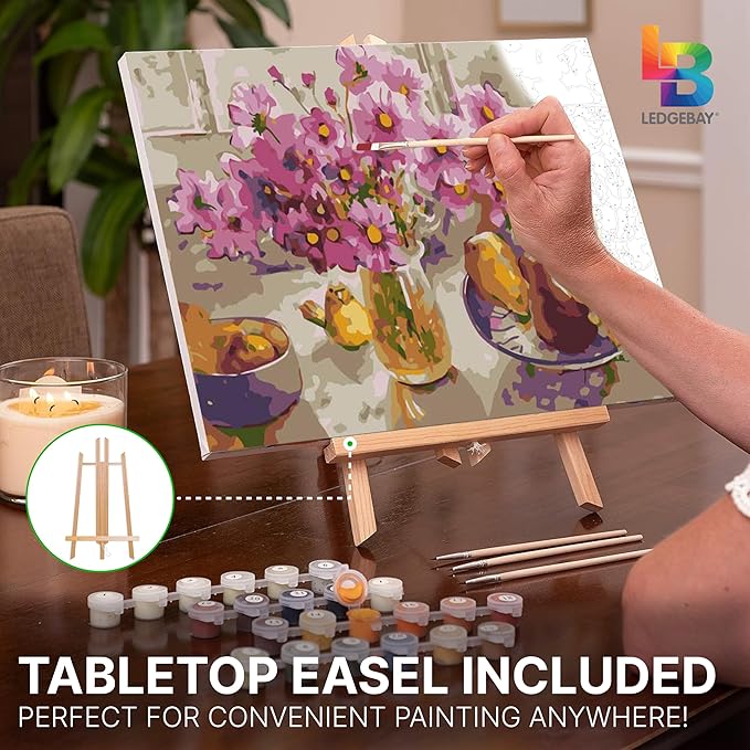 Ledgebay DIY Paint by Numbers Kit for Adults Framed Canvas Beginner to Advanced Paint by Numbers Kit, Kits Include Acrylic Paint set, Brushes & Tabletop Easel (Cosmos from The Garden 16" x 20" Framed)