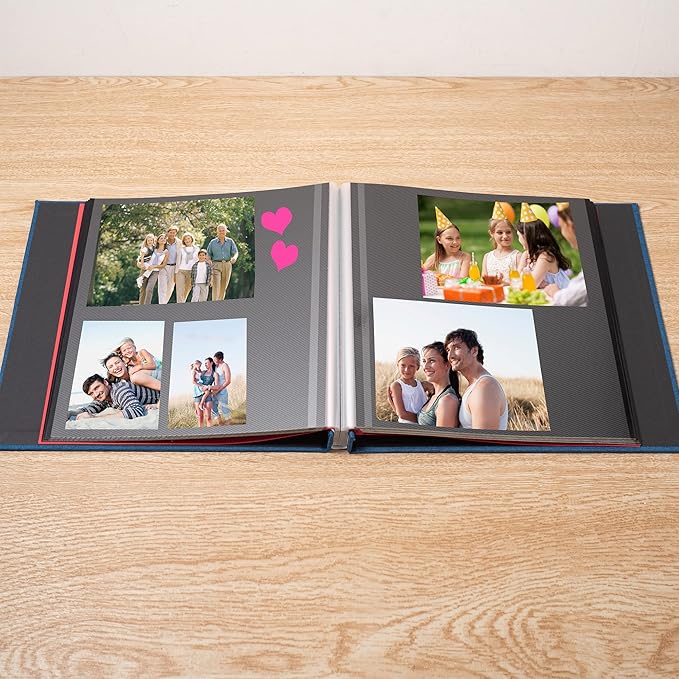 Large Photo Album Self Adhesive 4x6 8x10 10x12 13"x12.6" Scrapbook Album 12.6"x11" Inch 60 Black Sticky Pages Linen Cover Magnetic Photo Album with A Metallic Pen and DIY Stickers(Blue)