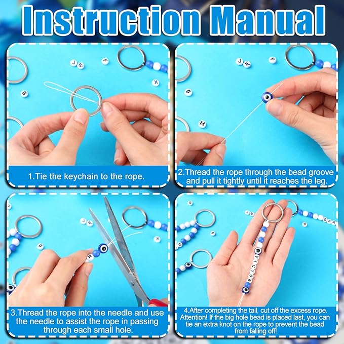 Landical 564 Pcs Evil Eye Keychain Making Kit DIY Bead Keychain Charm Blue Key Chain Craft Adjustable Letter Bead String Alphabet Jewelry Amulet for Good Luck Holiday Christmas Party Favor(Blue White)
