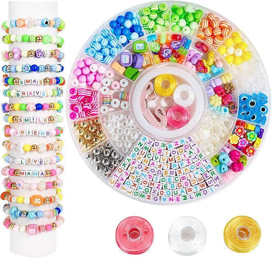 bead bracelet making kit-600pcs beads for friendship bracelet making kit multicolor bead letter alphabet stars heart ojo pony beads for diy necklace jewelry accessories christmas gift for kids girls