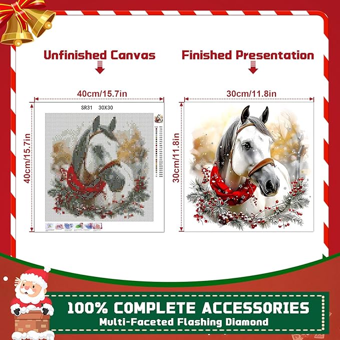 EMIEAUFG Christmas Diamond Art Kits for Adults, Horse Diamond Paiting Kit for Beginners, 5D DIY Round Full Drill Craft Diamond Dot Gem Art, Home Wall Decor 14" x 14"
