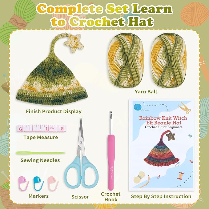 Alvian Witch Elf Hat Crochet Kit for Beginners Rainbow Crochet Beanie Kit Knitting Kit for Beginners Adults Handmade Winter Toque (Green)
