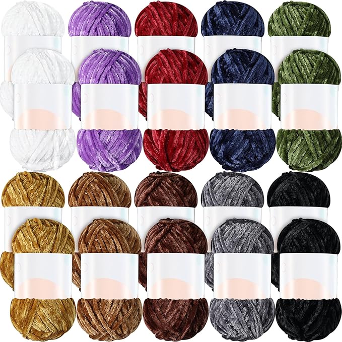 Woanger 20 Skeins Soft Chenille Yarn Velvet Blanket Yarn for Crocheting Hand Knitting Weaving DIY Craft, 10 Colors, 93 Yards Each (Bright Color)