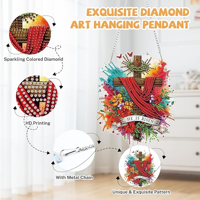 Bowetile Cross Diamond Art Hanging Kits for Adults, Diamond Art Suncatchers Easter, 5D Special Shape Diamond Painting Pendant Window Ornament Easter Gifts for Home Wall Garden Decor