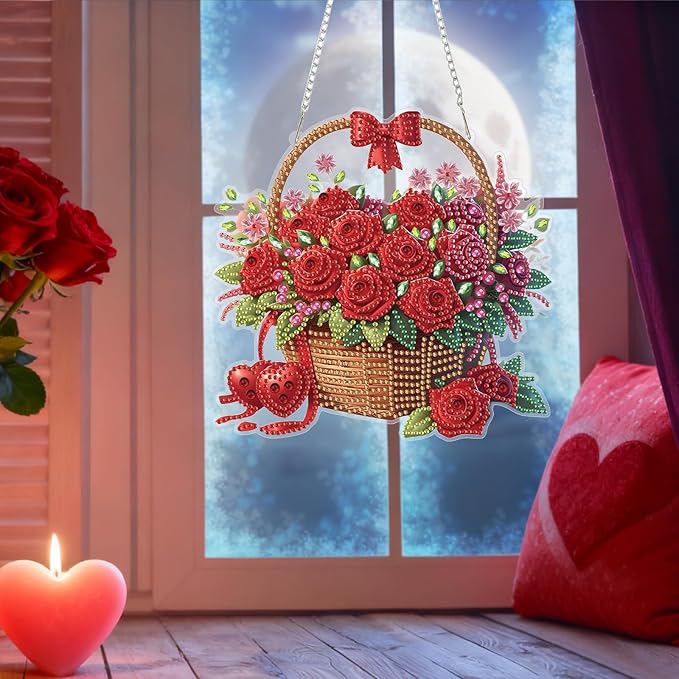 Bowetile Valentine's Day Diamond Art Hanging Kits for Adults, Diamond Art Suncatchers Red Rose Basket, 5D Special Shape Diamond Painting Flower Pendant Window Ornament Gifts for Home Door Wall Decor