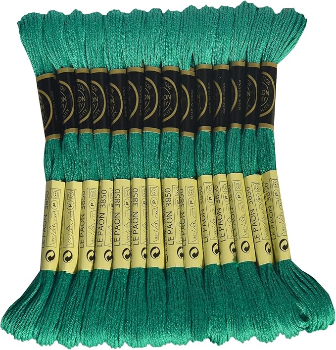LE PAON Embroidery Floss, 14-Pack Six Strands 100% Long Staple Cotton Embroidery Thread, 8.7-Yard，Color Number：3850, Dark Bright Green