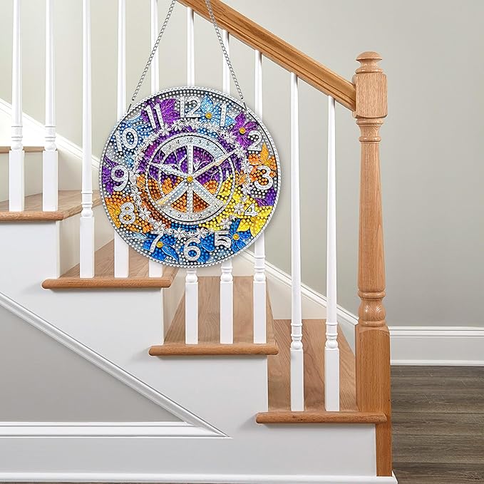 Hanging Diamond Art Kits for Adults Clock – 8x8 Inch Double-Sided Acrylic Board DIY Crystal Diamond Suncatcher Pendant, Sparkling Home Wall or Window Decoration Handmade Gift