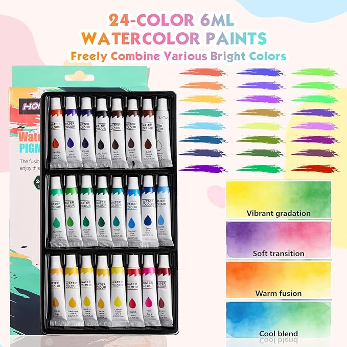 Mini Watercolor Paint Set, Premium Pocket Watercolor Travel Kit, With 24 Watercolor Paints, 15-Grid Black Walnut Palette, Crossbody Bag, Oil Painting Paper Sketchbook, Ideal for art lovers