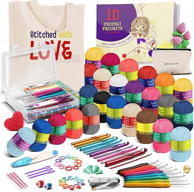 learn to crochet kit for beginners adults – beginner crochet kit for adults and kids, 80 piece crochet set with step-by-step guide and projects book, crochet starter kit, crochet yarn, and hooks