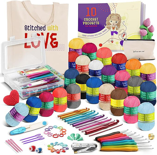 learn to crochet kit for beginners adults – beginner crochet kit for adults and kids, 80 piece crochet set with step-by-step guide and projects book, crochet starter kit, crochet yarn, and hooks