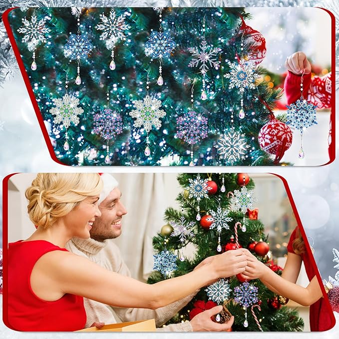 Uiifan 8 Pcs Winter Snowflake Diamond Art Kits 5d DIY Point Drill Painting Wind Crystal Wind Chimes Diamond Kit Double Sided Snowflake Ornaments with Crystal Pendant for Home Garden Hanging Decor