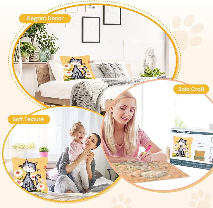 EsLuker.ly Yellow Cat Pattern Latch Hook Pillow Kits for Beginners, Animal Pre-Printed Canvas Yarn Pillow Hooking Kits, DIY Crochet Cushion Creative Craft, Ideal for Home Decor and Fun Crafting
